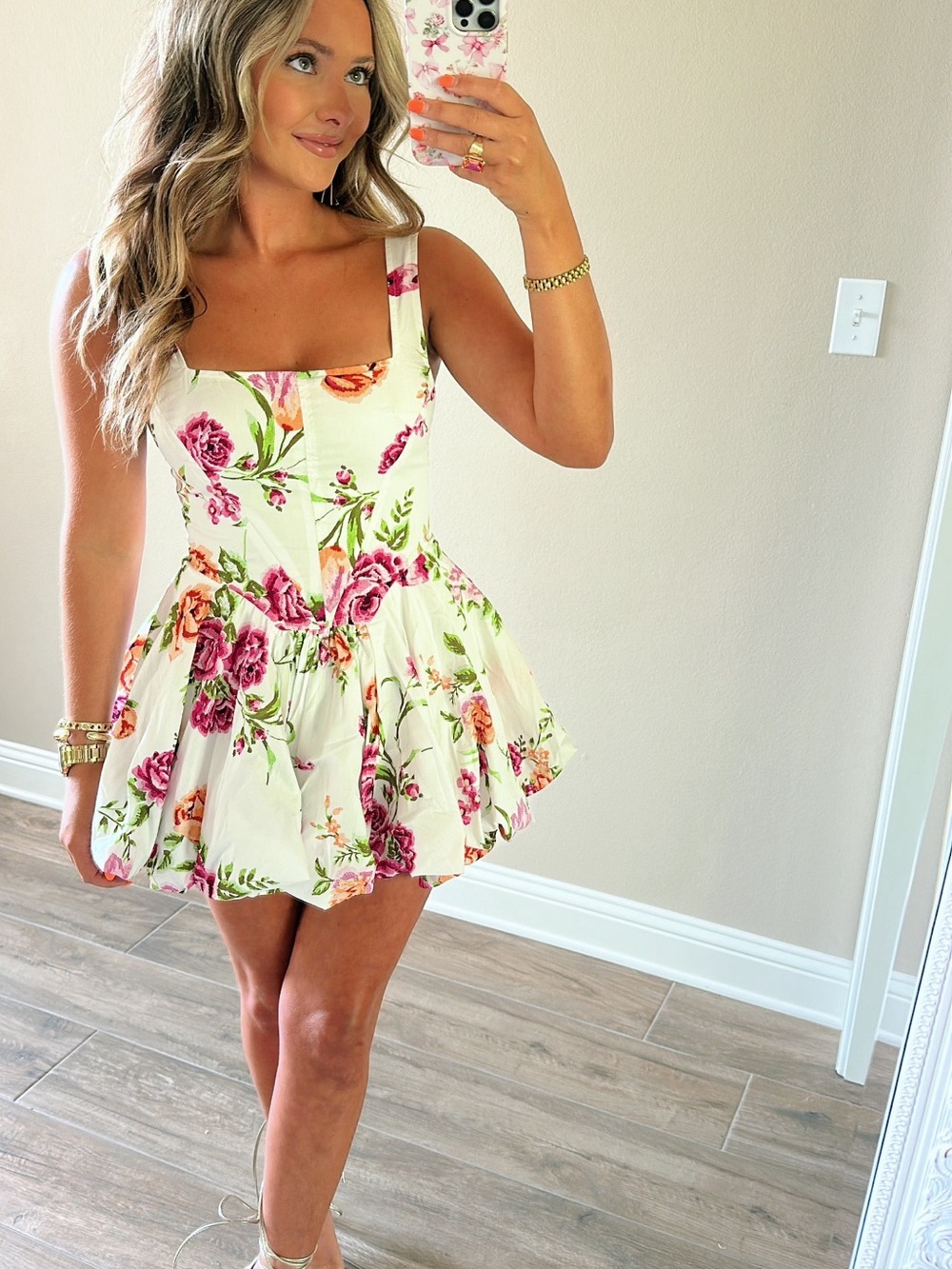 Floral Square-Neck Mini Dress in Cream with Pink Roses
